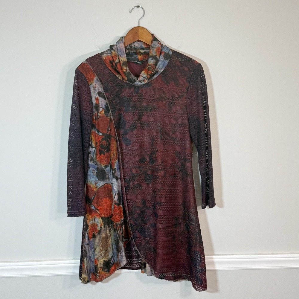 Shana Cowl Neck‎ Tunic Top Womans Sz L Mixed Media Patchwork Artsy Boho Hippie